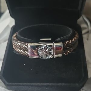 Brown Braided Leather Bracelet with Flower Stainless Magnetic Clasp.